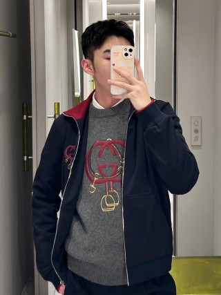 Gucci Interlocking G Red Web Grey Crewneck Sweater view 2