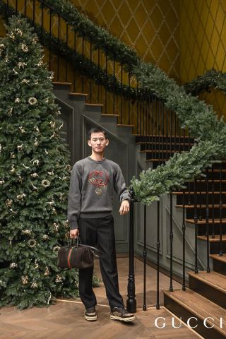 Gucci Interlocking G Red Web Grey Crewneck Sweater view 3