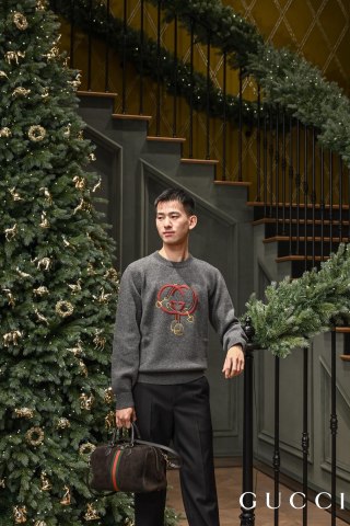 Gucci Interlocking G Red Web Grey Crewneck Sweater view 4