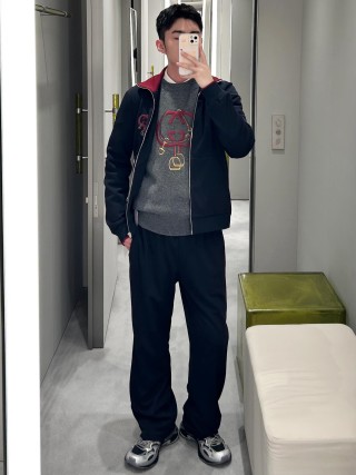 Gucci Interlocking G Red Web Grey Crewneck Sweater view 5