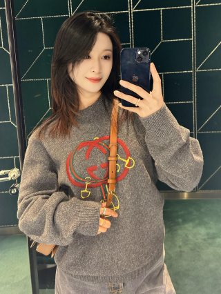 Gucci Interlocking G Red Web Grey Crewneck Sweater view 8