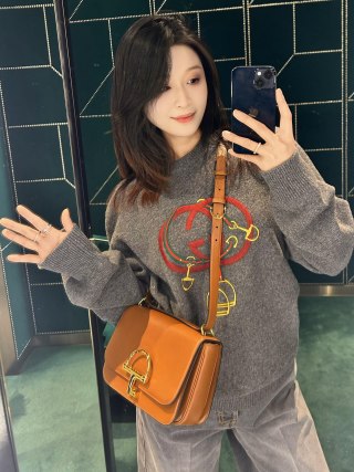 Gucci Interlocking G Red Web Grey Crewneck Sweater view 10
