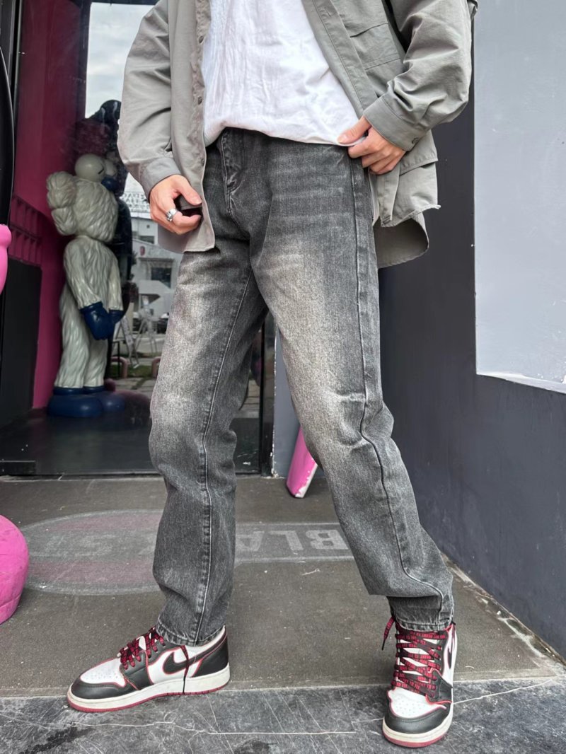 Vintage Washed Gray Straight-Leg Denim Jeans