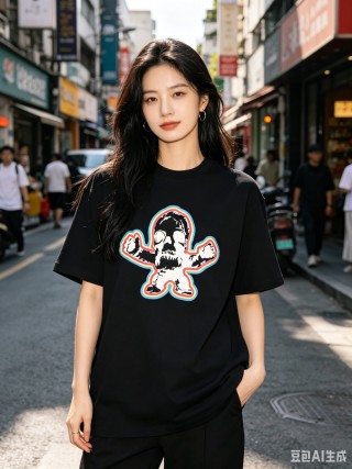Black Graphic Skull T-Shirt with Colorful Outline view 1