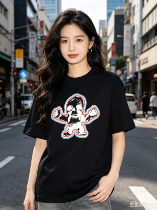 Black Graphic Skull T-Shirt with Colorful Outline view 4