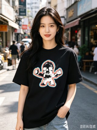 Black Graphic Skull T-Shirt with Colorful Outline view 5