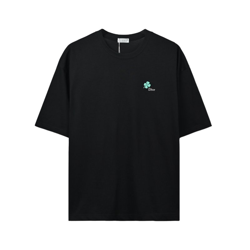 Black Short Sleeve T-Shirt with Green Clover Embroidery view