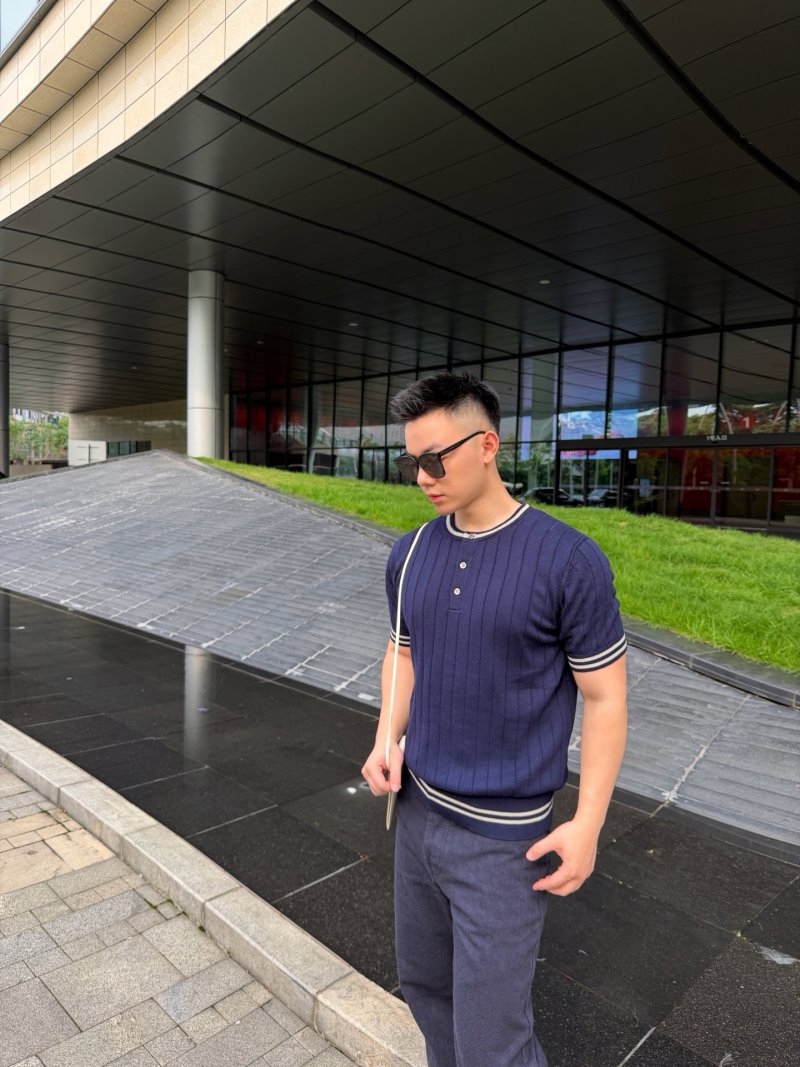 Navy Pinstripe Short Sleeve T-Shirt with Ribbed Trim