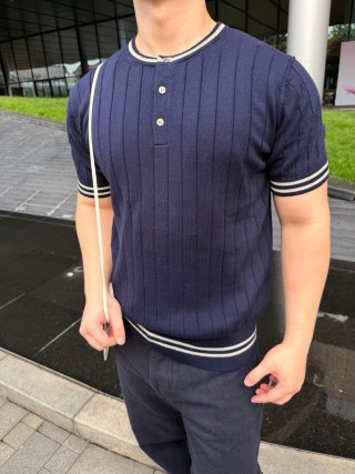 Navy Pinstripe Short Sleeve T-Shirt with Ribbed Trim view 2