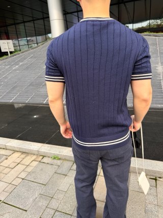 Navy Pinstripe Short Sleeve T-Shirt with Ribbed Trim view 8