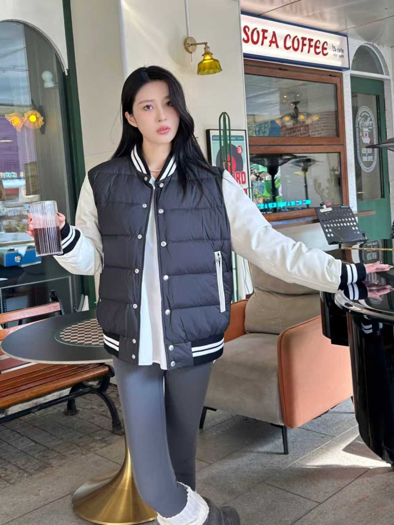 Black Puffer Varsity Jacket with Striped Ribbing