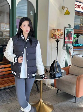Black Puffer Varsity Jacket with Striped Ribbing view 2