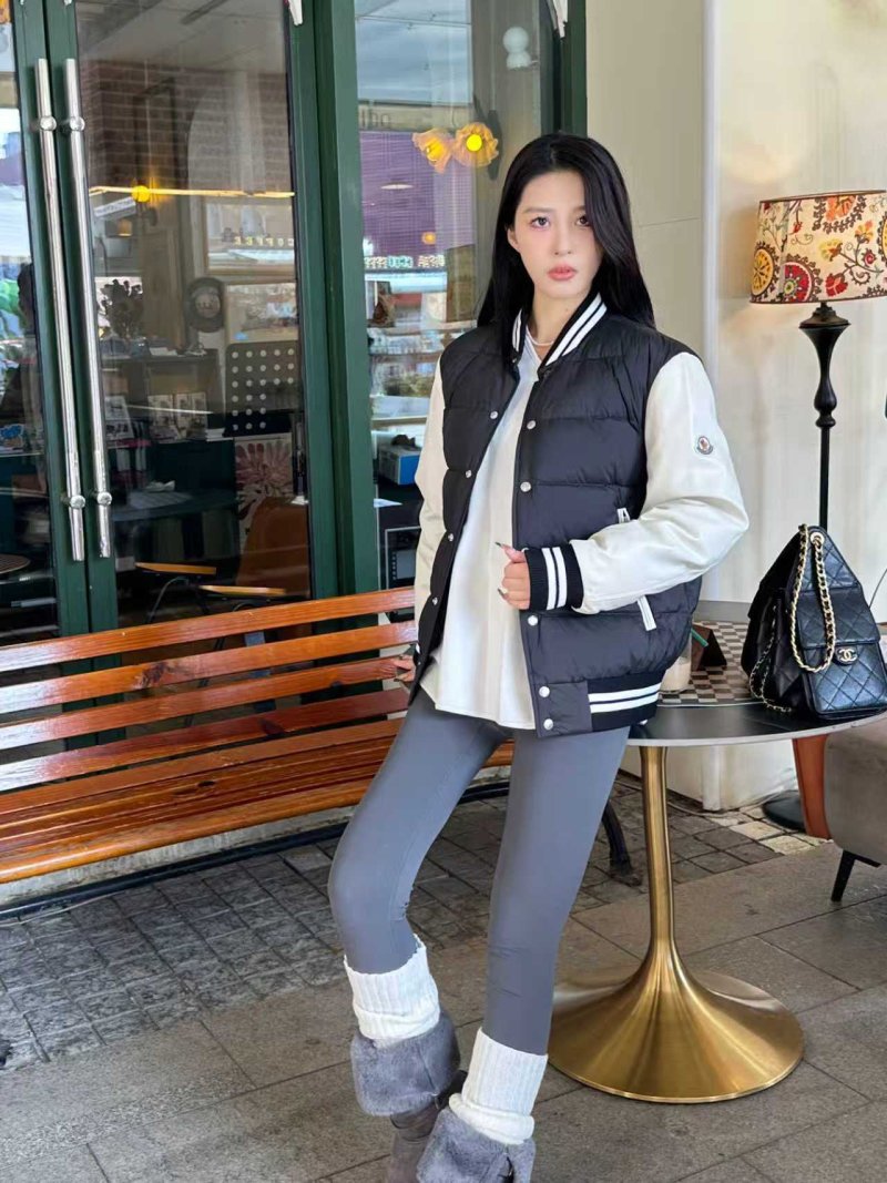 Black Puffer Varsity Jacket with Striped Ribbing