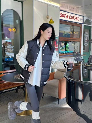 Black Puffer Varsity Jacket with Striped Ribbing view 4