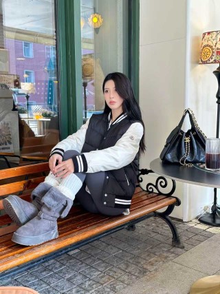 Black Puffer Varsity Jacket with Striped Ribbing view 5
