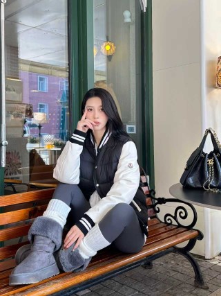Black Puffer Varsity Jacket with Striped Ribbing view 6