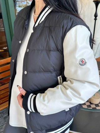 Black Puffer Varsity Jacket with Striped Ribbing view 7