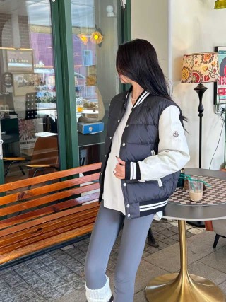 Black Puffer Varsity Jacket with Striped Ribbing view 8