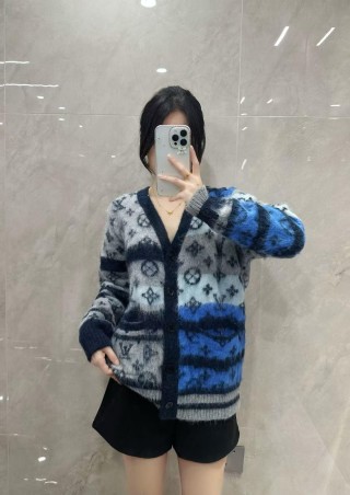 Oversized Geometric Jacquard Cardigan – Navy Blue & White view 2
