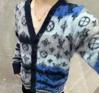Oversized Geometric Jacquard Cardigan – Navy Blue & White view 4