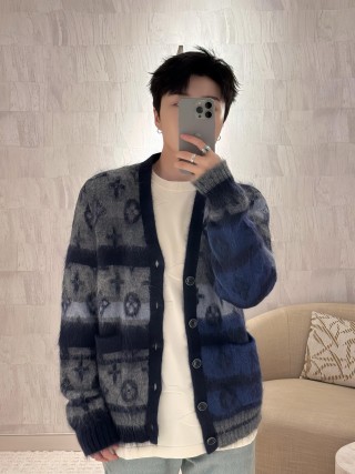 Oversized Geometric Jacquard Cardigan – Navy Blue & White view 5