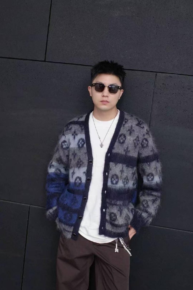 Oversized Geometric Jacquard Cardigan – Navy Blue & White view