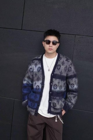 Oversized Geometric Jacquard Cardigan – Navy Blue & White view 6