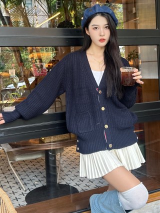 Navy Pinstripe Knit Cardigan with Gold Buttons view 1