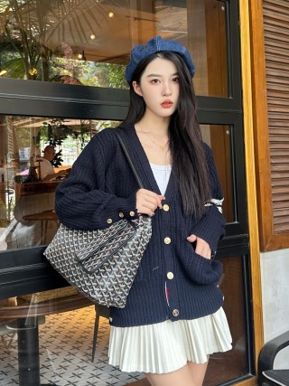 Navy Pinstripe Knit Cardigan with Gold Buttons view 2