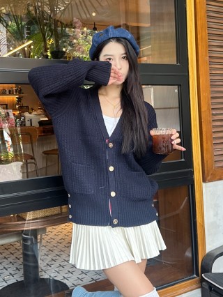 Navy Pinstripe Knit Cardigan with Gold Buttons view 3
