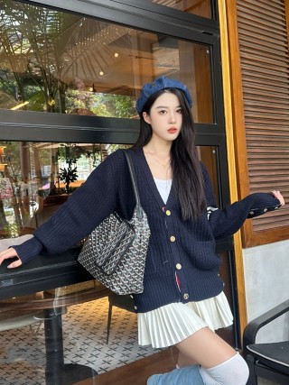 Navy Pinstripe Knit Cardigan with Gold Buttons view 4