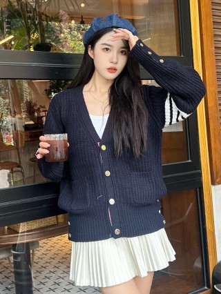 Navy Pinstripe Knit Cardigan with Gold Buttons view 5