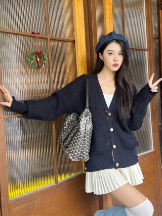 Navy Pinstripe Knit Cardigan with Gold Buttons view 6