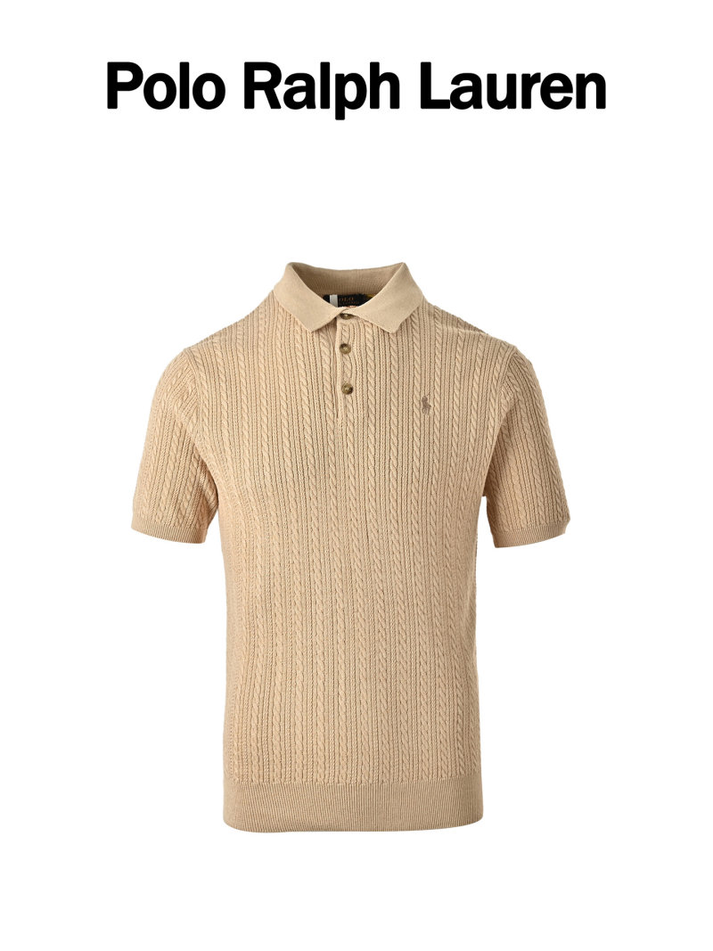 Beige Cable Knit Short Sleeve Polo Shirt view
