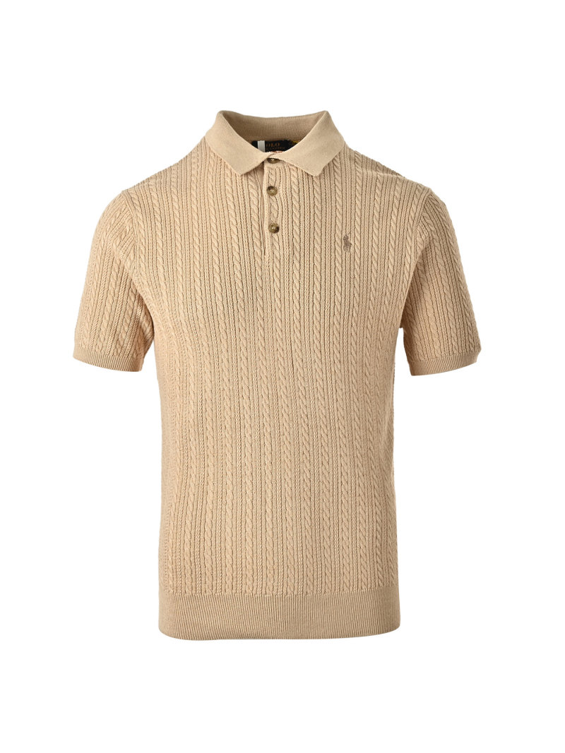 Beige Cable Knit Short Sleeve Polo Shirt view