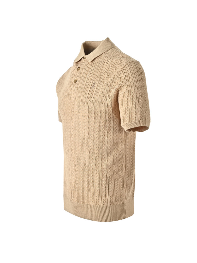 Beige Cable Knit Short Sleeve Polo Shirt view