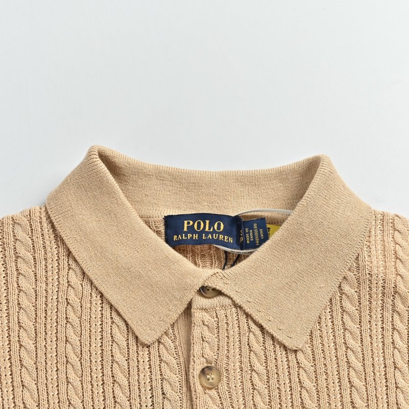 Beige Cable Knit Short Sleeve Polo Shirt view