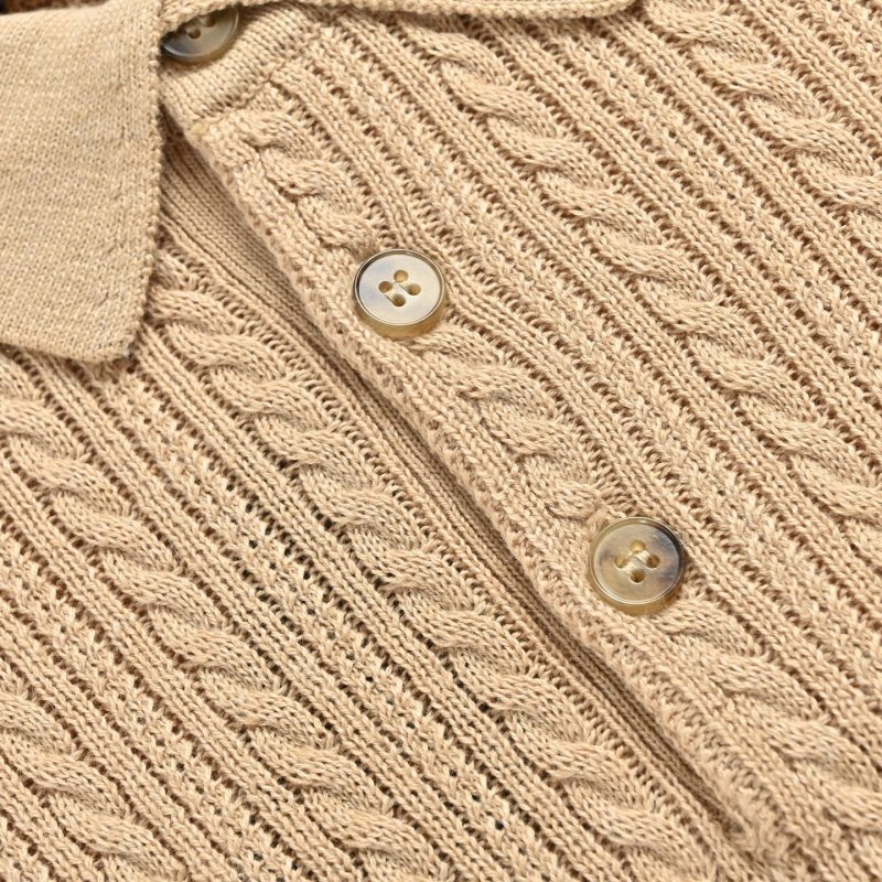 Beige Cable Knit Short Sleeve Polo Shirt view