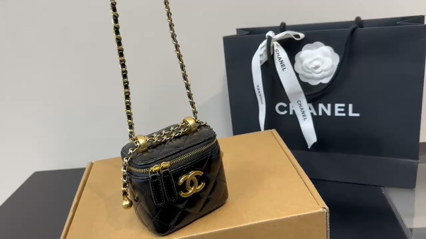 Chanel Black Quilted Camera Bag with Gold Chain Strap