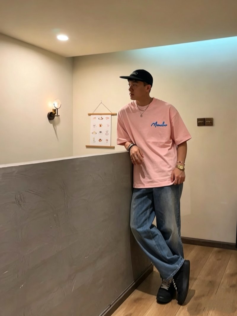 Pink Muscle T-Shirt with Blue Script Logo view