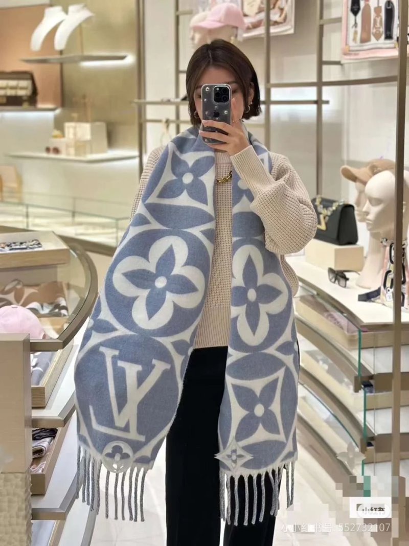 Louis Vuitton LV Monogram Reversible Wool Cashmere Scarf Blue