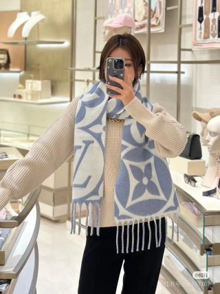 Louis Vuitton LV Monogram Reversible Wool Cashmere Scarf Blue view 4