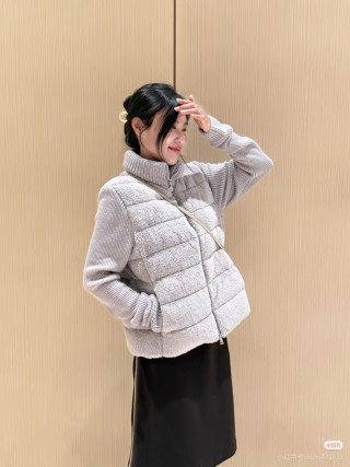 Beige Quilted Down Puffer Jacket with Ribbed Sleeves view 2
