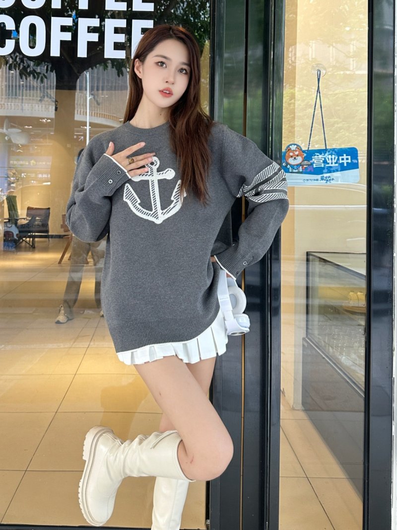 Charcoal Graphic Anchor Crew Neck Sweater with Pleated Hem
