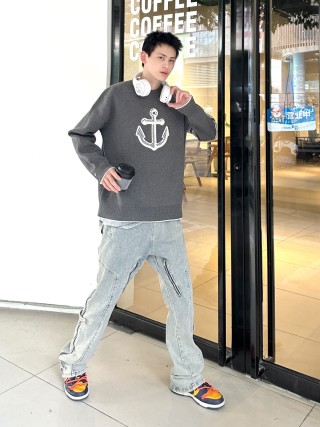 Charcoal Graphic Anchor Crew Neck Sweater with Pleated Hem view 2