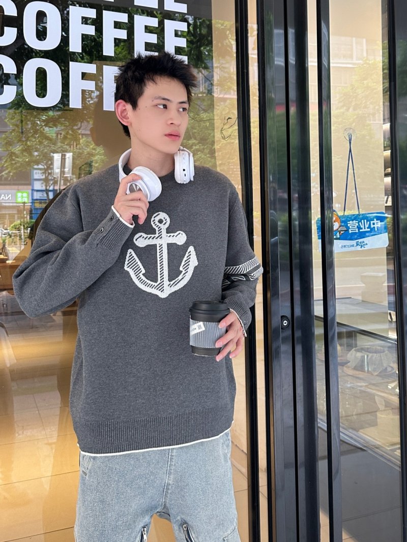 Charcoal Graphic Anchor Crew Neck Sweater with Pleated Hem view