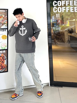 Charcoal Graphic Anchor Crew Neck Sweater with Pleated Hem view 4