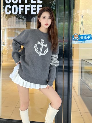 Charcoal Graphic Anchor Crew Neck Sweater with Pleated Hem view 6