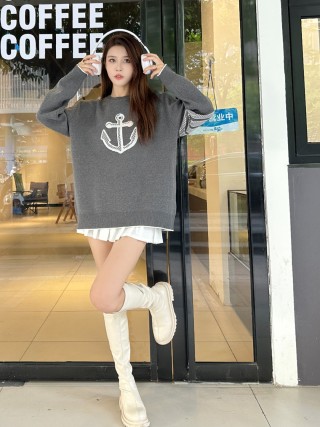 Charcoal Graphic Anchor Crew Neck Sweater with Pleated Hem view 7