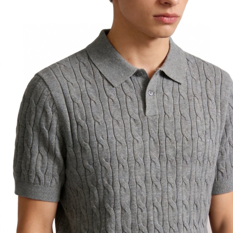 Grey Cable Knit Short-Sleeve Polo Shirt